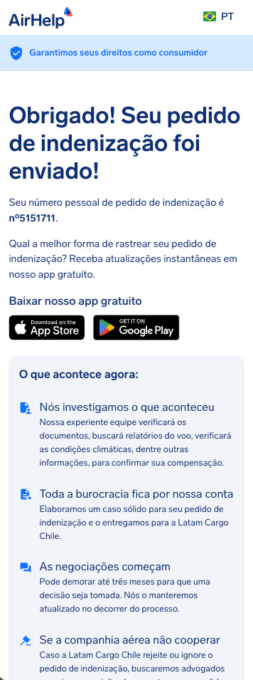 Página de confirmação de envio da reivindicação exibindo um ID de pedido exclusivo e links para o aplicativo da AirHelp.