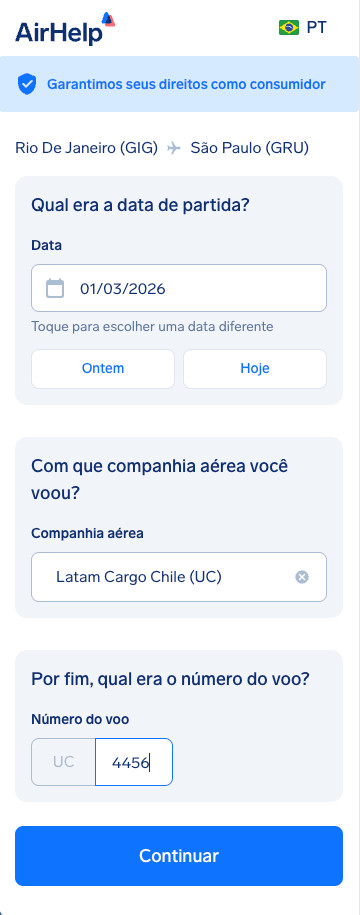 Etapa de detalhes do voo: campos para data de partida programada, nome da companhia aérea e número do voo.