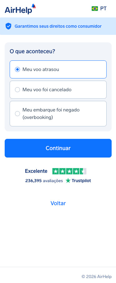 Seleção do tipo de transtorno do voo: opções para voo atrasado, voo cancelado ou preterição de embarque.