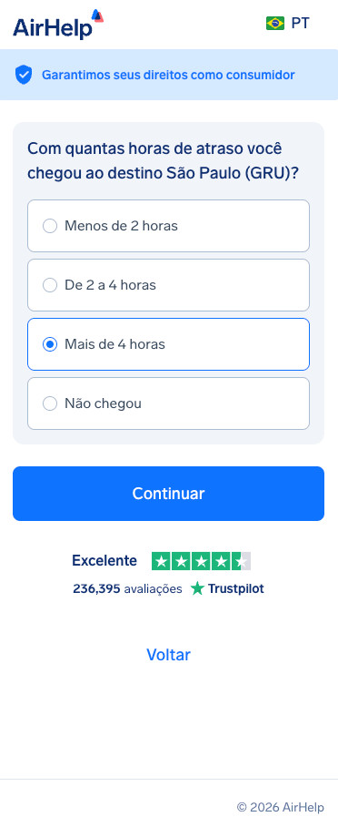 Seleção da duração do atraso na chegada com os limites legais brasileiros: opções para menos de 2 horas, de 2 a 4 horas, mais de 4 horas ou não chegou.