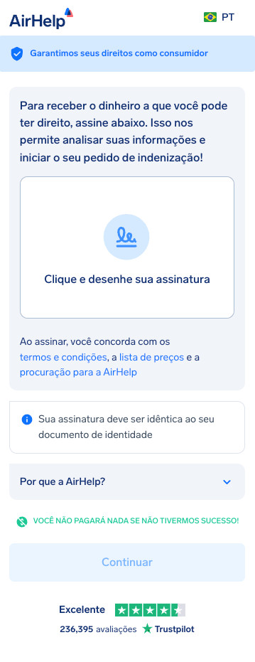 Caixa de assinatura digital para o acordo de cessão da AirHelp para autorizar a reivindicação.