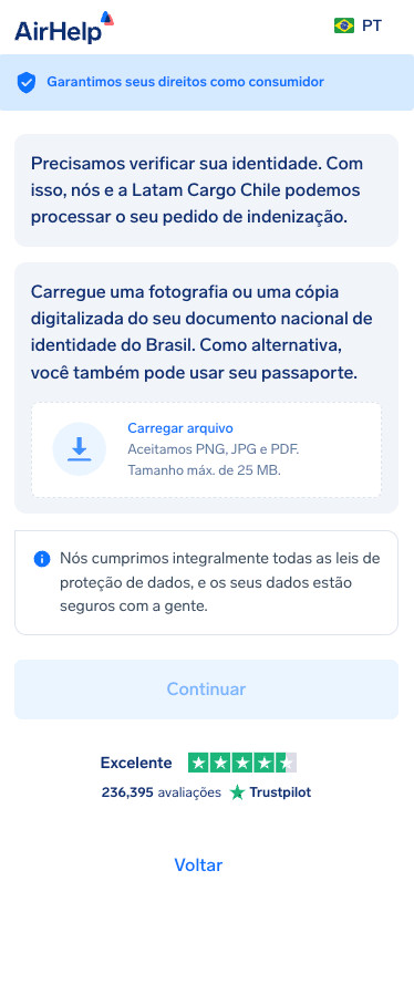 Seção de upload de documentos de viagem e identificação com um ícone de segurança de dados.