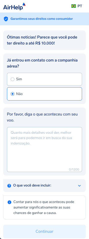 Formulário de detalhes adicionais do voo com área de texto para descrição do incidente e status de contato com a companhia aérea.