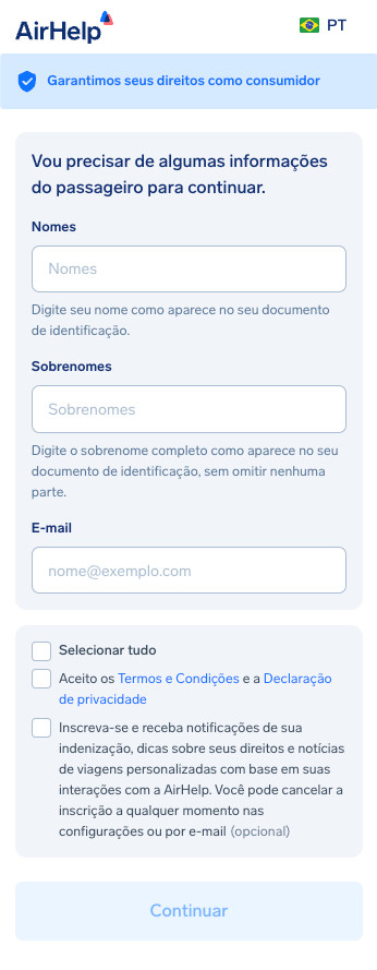 Formulário de informações do passageiro z campos para nome, sobrenome e endereço de e-mail.