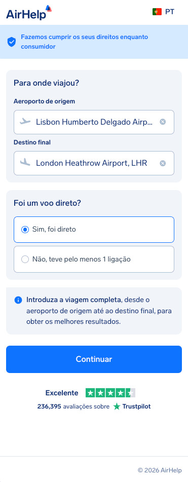 Formulário de reclamação da AirHelp mostrando a seleção dos aeroportos de partida e destino com opção de voo direto.