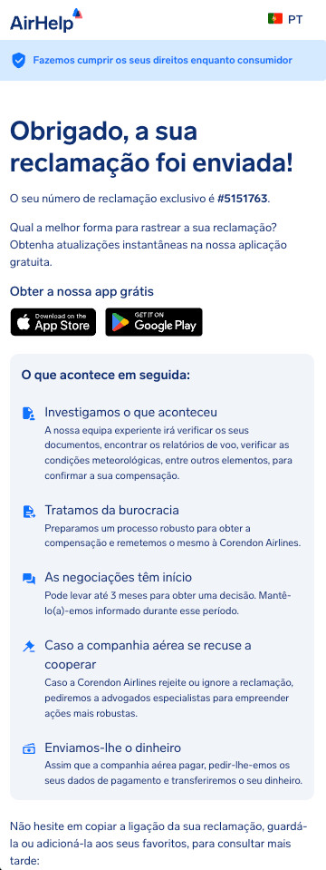 Página de confirmação de envio da reclamação exibindo um ID de processo exclusivo e links para a aplicação da AirHelp.
