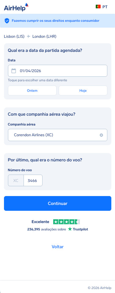 Etapa de detalhes do voo: campos para data de partida prevista, nome da companhia aérea e número do voo.