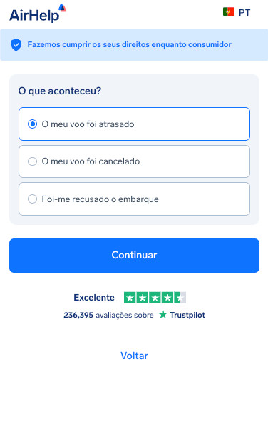 Seleção do tipo de perturbação do voo: opções para voo atrasado, voo cancelado ou recusa de embarque.