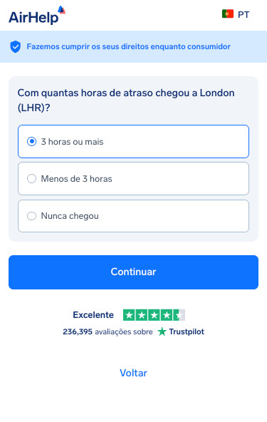 Seleção da duração do atraso à chegada: opções para 3 horas ou mais, menos de 3 horas ou nunca chegou.