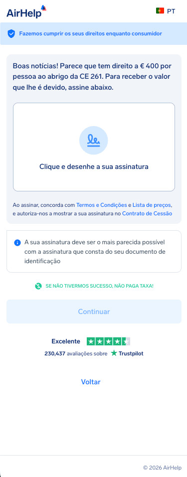 Caixa de assinatura digital para o acordo de cessão da AirHelp para autorizar a reclamação.