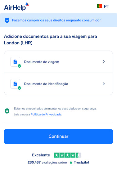 Secção de carregamento de documentos de viagem e identificação com um ícone de segurança de dados.