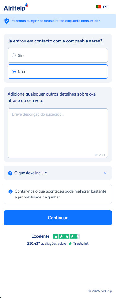 Formulário de detalhes adicionais do voo com área de texto para descrição do incidente e estado do contacto com a companhia aérea.