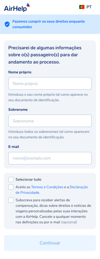 Formulário de informações do passageiro com campos para nome, apelido e endereço de e-mail.