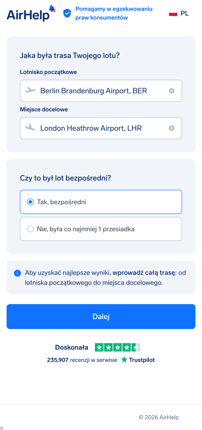 Formularz roszczenia AirHelp przedstawiający wybór lotniska wylotu i przylotu z opcją lotu bezpośredniego.
