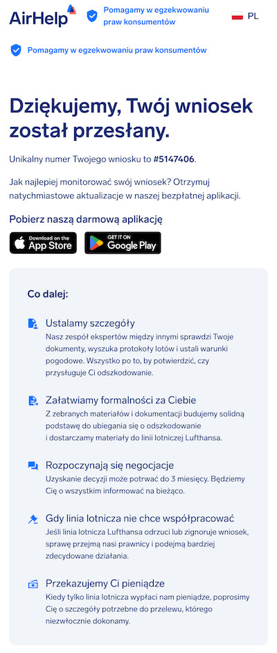 Strona potwierdzenia złożenia roszczenia wyświetlająca unikalny numer ID wniosku oraz linki do aplikacji AirHelp.