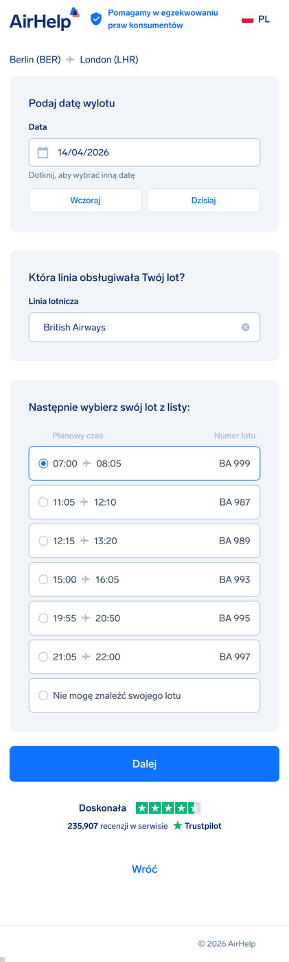 Krok z danymi lotu: pola na planowaną datę wylotu, nazwę linii lotniczej oraz numer lotu.