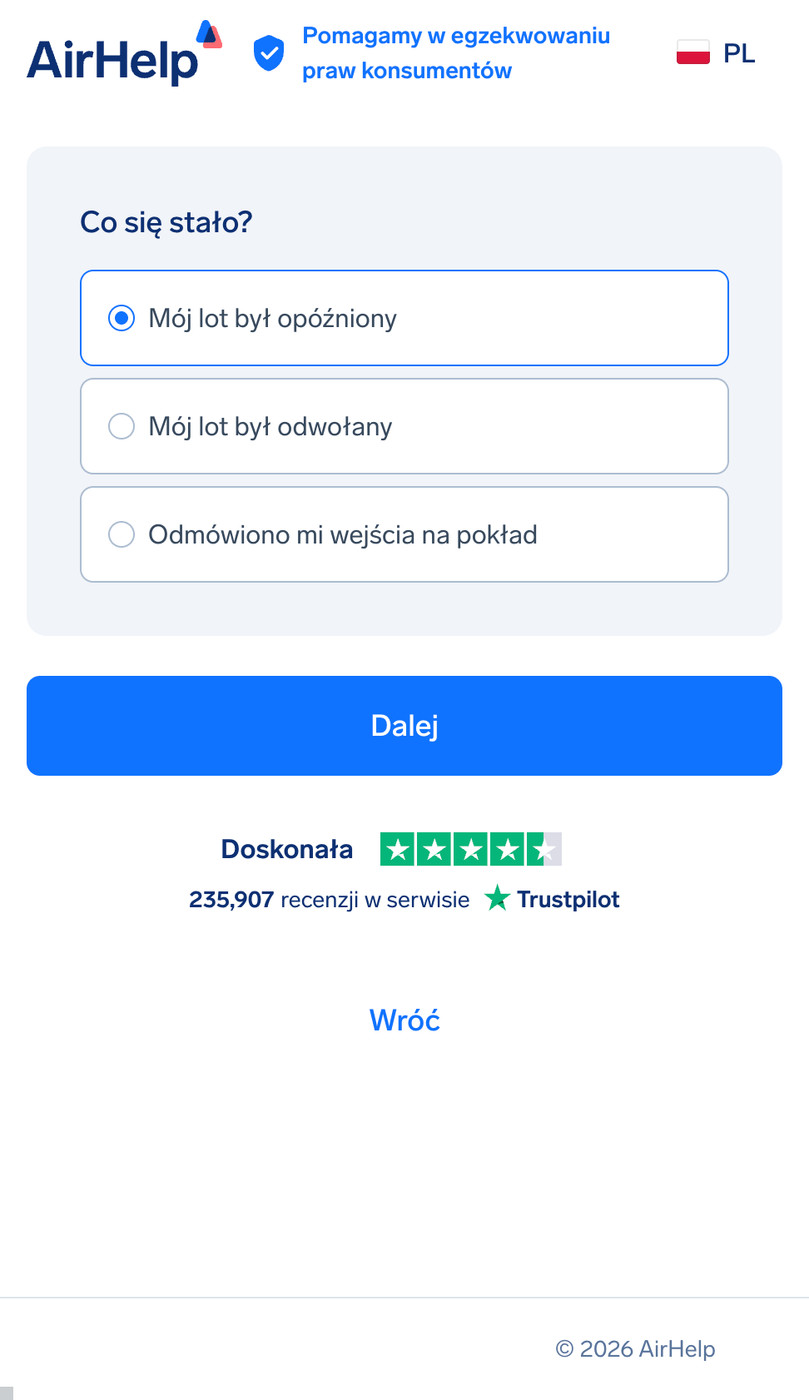 Wybór rodzaju zakłócenia lotu: opcje dotyczące opóźnionego lotu, odwołanego lotu lub odmowy wejścia na pokład.