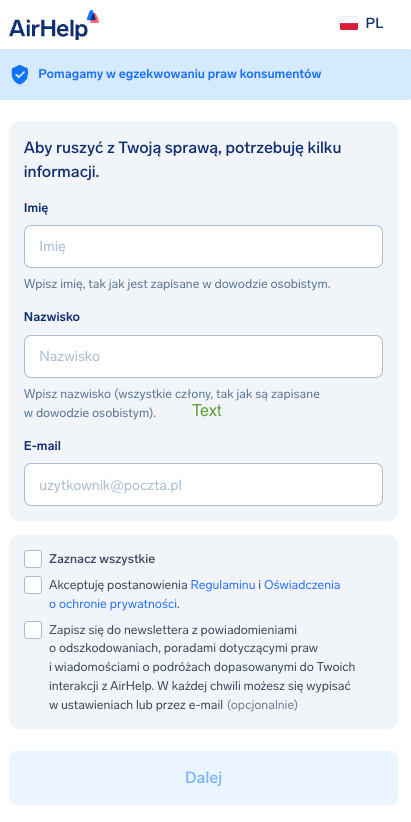 Formularz danych pasażera z polami na imię, nazwisko oraz adres e-mail.