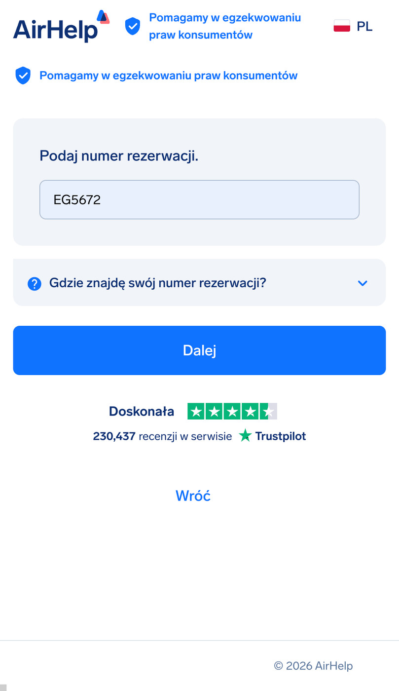 Pole wprowadzania numeru rezerwacji z rozwijanym menu pomocy ułatwiającym znalezienie kodu.