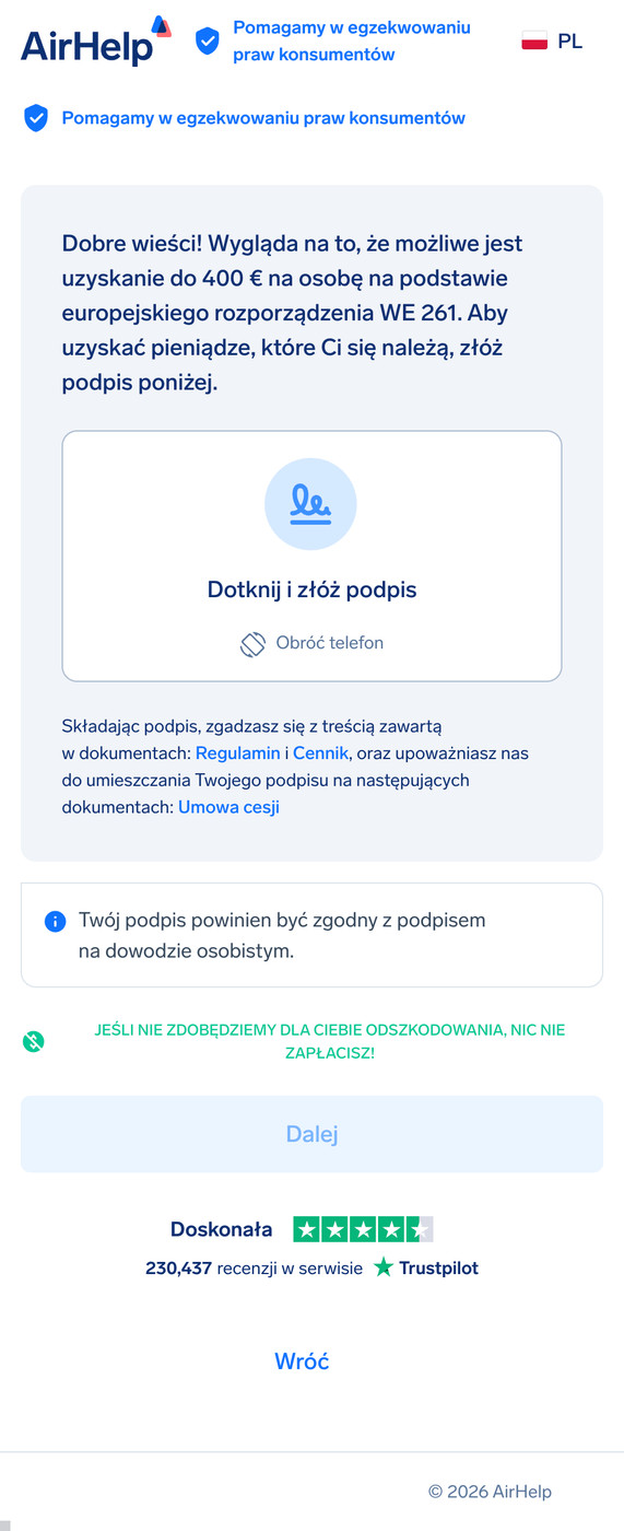 Pole podpisu cyfrowego pod umową cesji AirHelp w celu autoryzacji roszczenia.