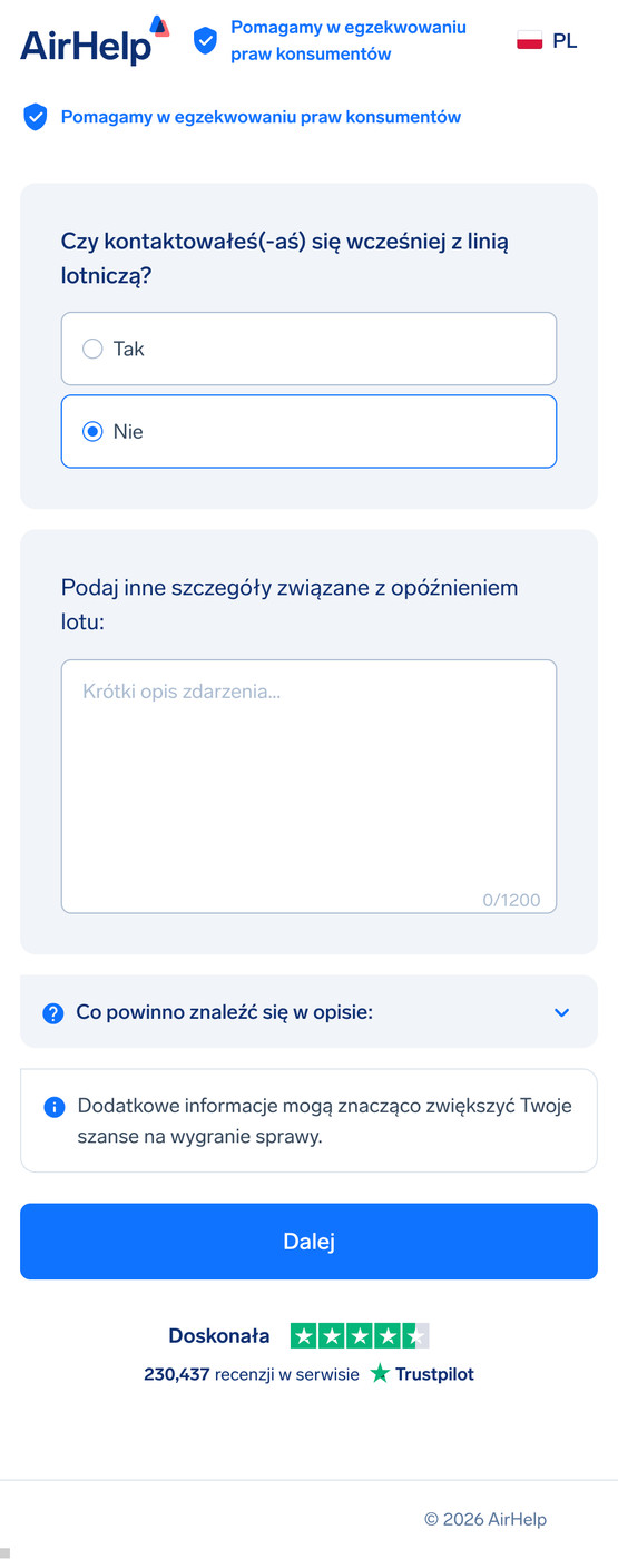 Formularz dodatkowych szczegółów lotu z polem tekstowym na opis zdarzenia i status kontaktu z linią lotniczą.