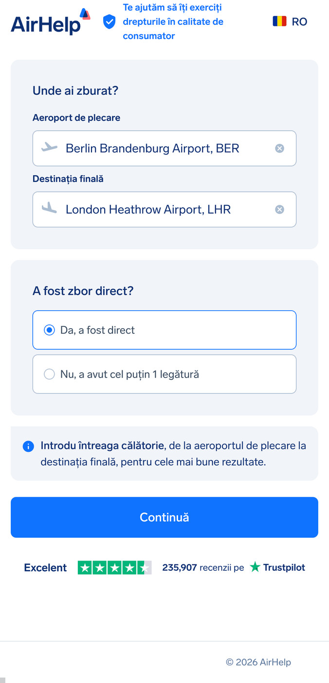 Formular de solicitare AirHelp care arată selecția aeroportului de plecare și a destinației finale cu opțiunea de zbor direct.