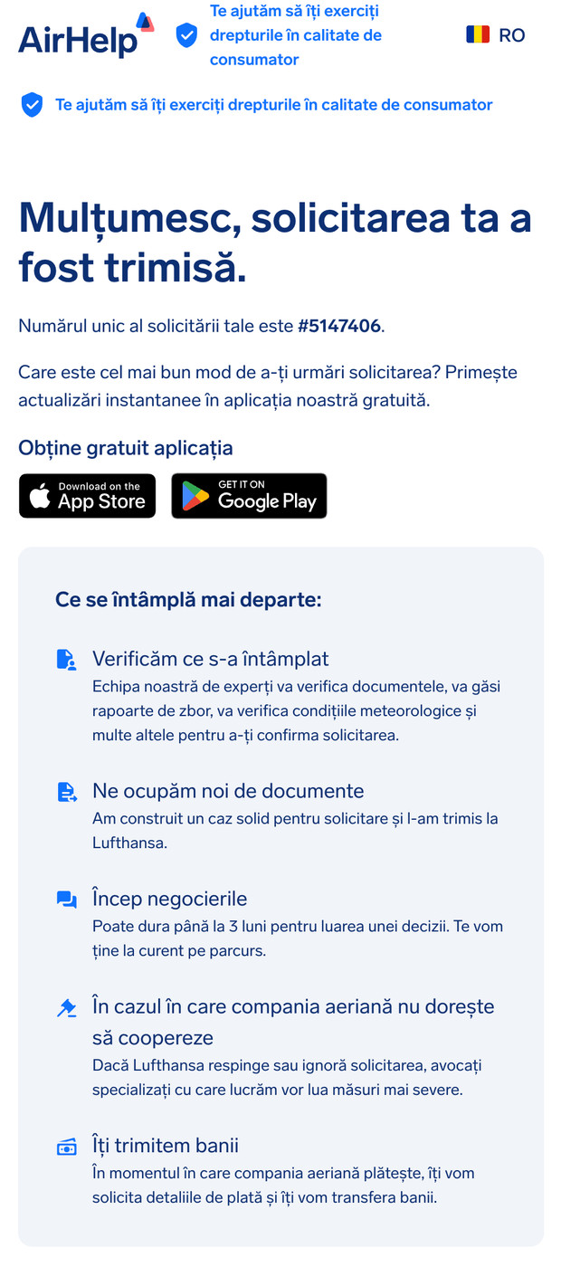 Pagina de confirmare a trimiterii solicitării: afișează un ID de solicitare unic și linkuri către aplicația AirHelp.