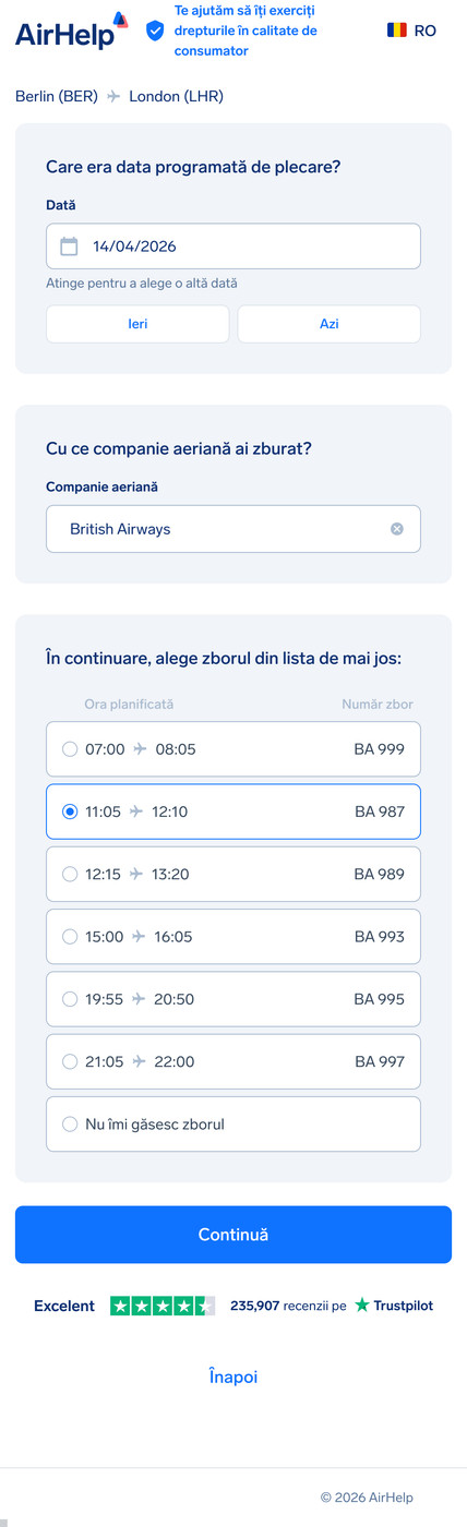 Pasul detalii zbor: câmpuri pentru data de plecare programată, numele companiei aeriene și numărul zborului.