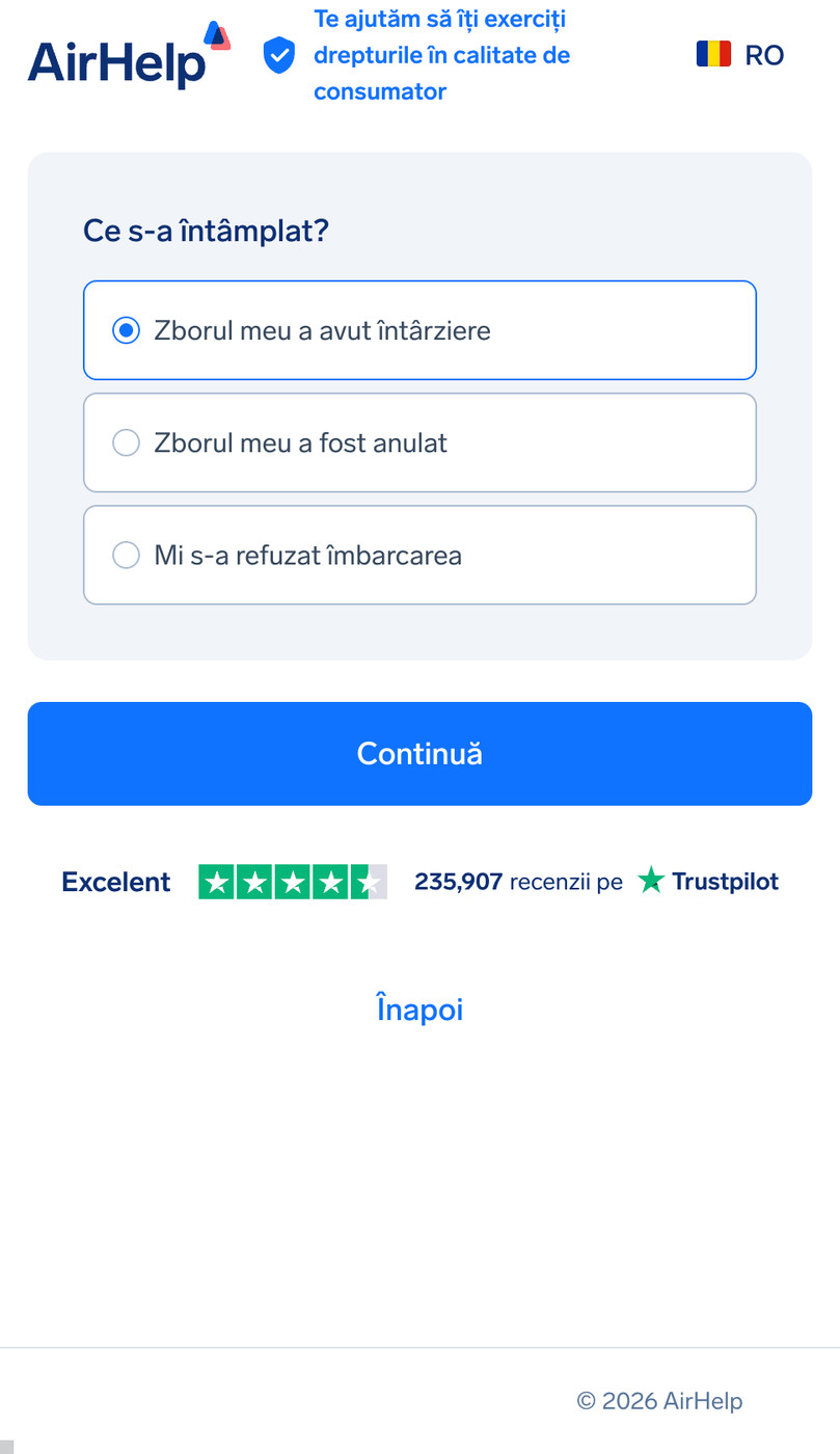 Selecția tipului de problemă a zborului: opțiuni pentru zbor întârziat, zbor anulat sau refuz la îmbarcare.