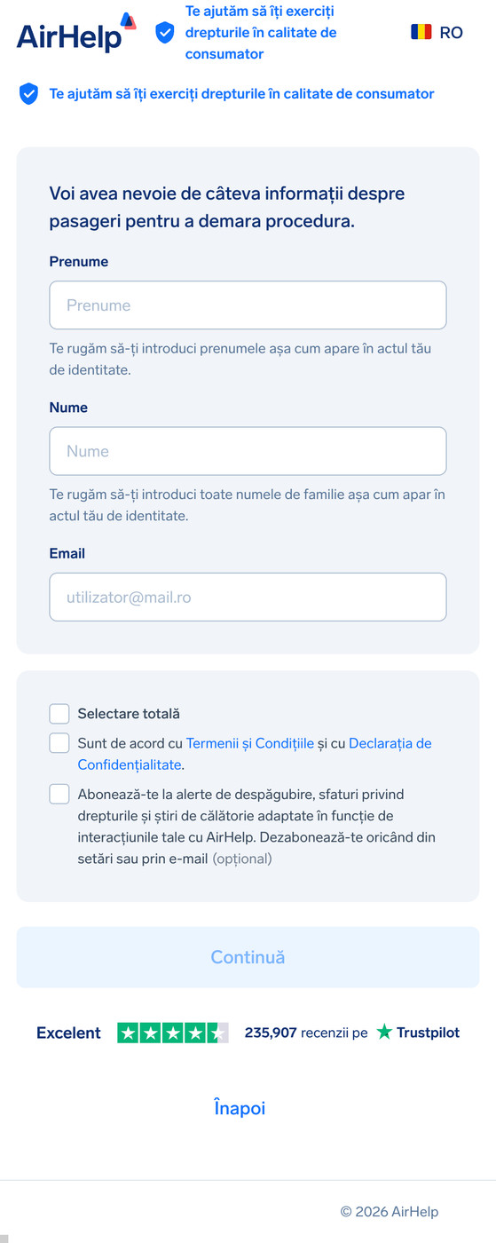 Formular cu informațiile pasagerului: câmpuri pentru prenume, nume și adresa de e-mail.