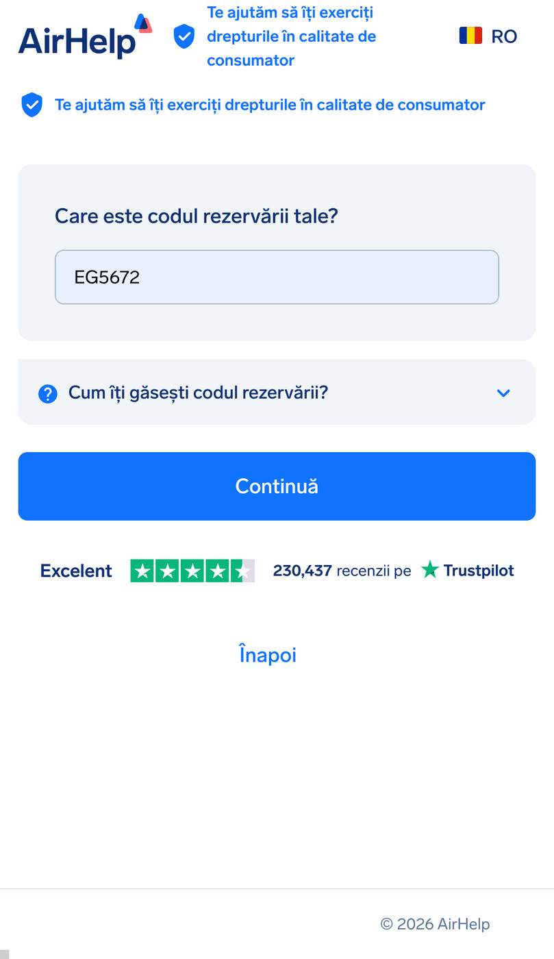 Câmp de introducere pentru codul de rezervare cu un meniu derulant de ajutor pentru găsirea codului.
