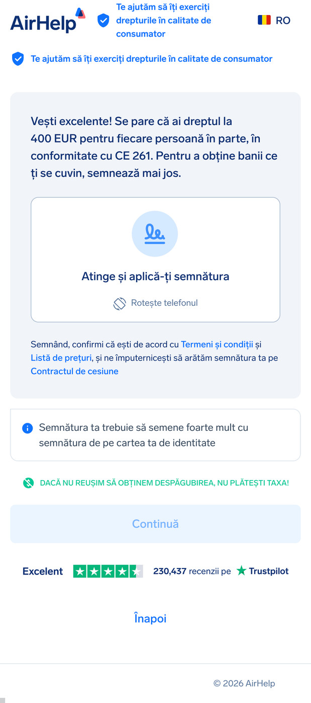 Casetă pentru semnătura digitală pentru acordul de cesiune AirHelp pentru a autoriza solicitarea.