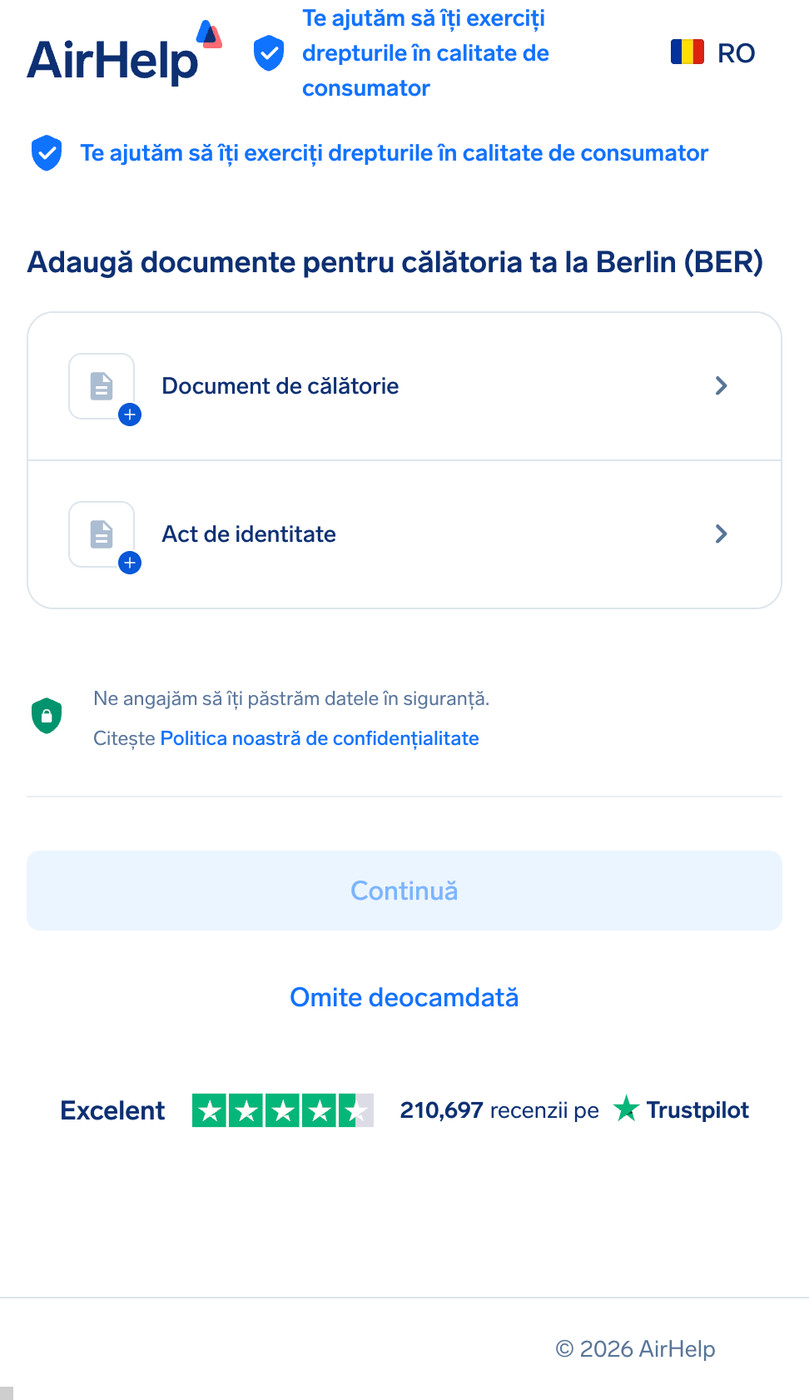 Secțiune pentru încărcarea documentelor de călătorie și a actului de identitate cu o pictogramă pentru securitatea datelor.