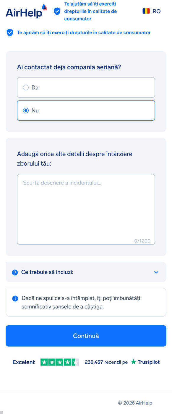 Formular cu detalii suplimentare despre zbor: zonă de text pentru descrierea incidentului și statusul contactului cu compania aeriană.