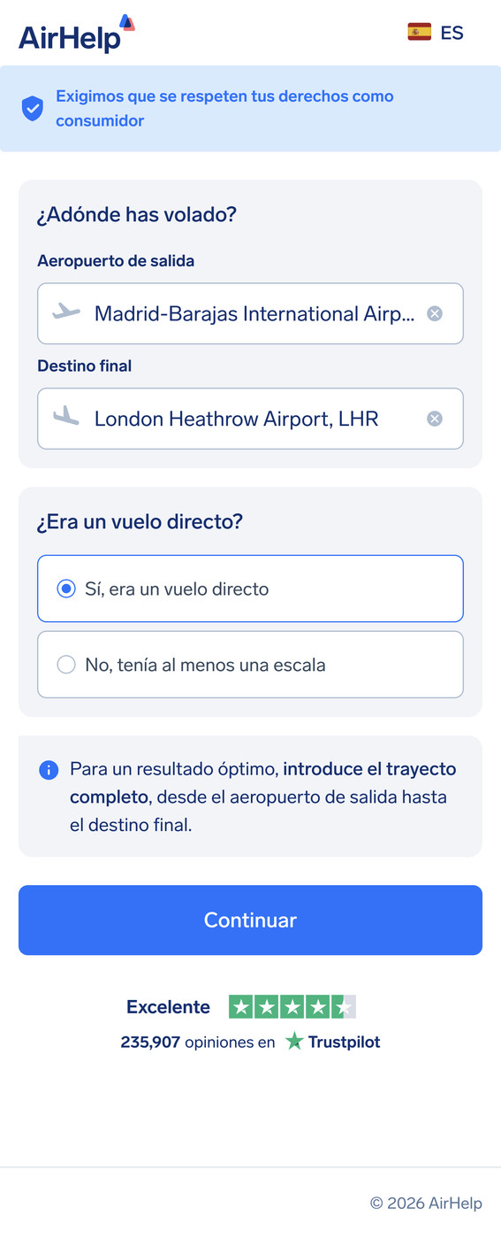Formulario de reclamación de AirHelp que muestra la selección del aeropuerto de salida y destino final con opción de vuelo directo.