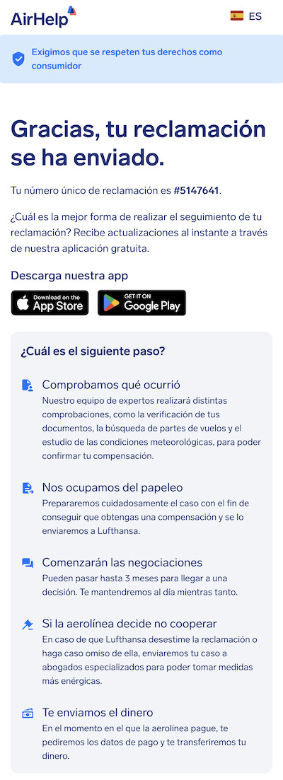 Página de confirmación de envío de la reclamación que muestra un ID de reclamación único y enlaces a la aplicación de AirHelp.