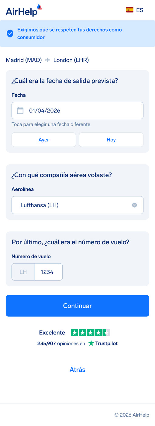Paso de detalles del vuelo: campos para la fecha de salida programada, nombre de la aerolínea y número de vuelo.
