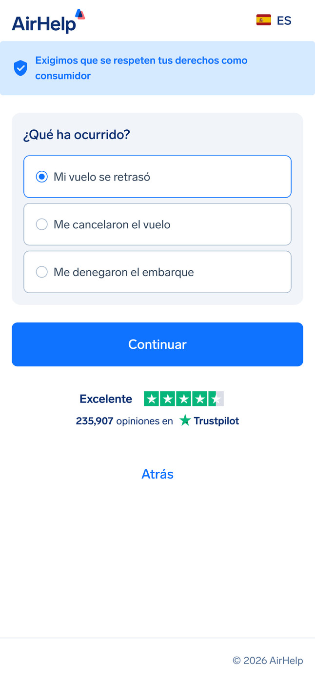 Selección del tipo de interrupción del vuelo: opciones para vuelo retrasado, vuelo cancelado o denegación de embarque.
