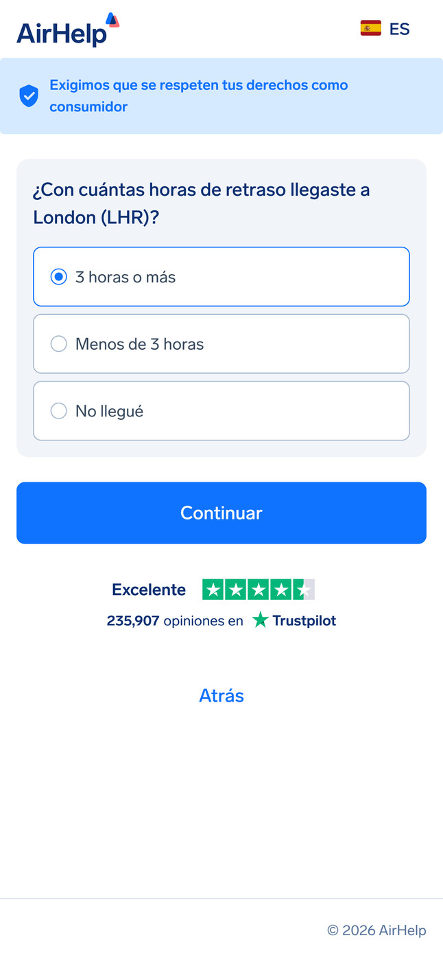 Selección de la duración del retraso a la llegada: opciones para 3 horas o más, menos de 3 horas o nunca llegó.
