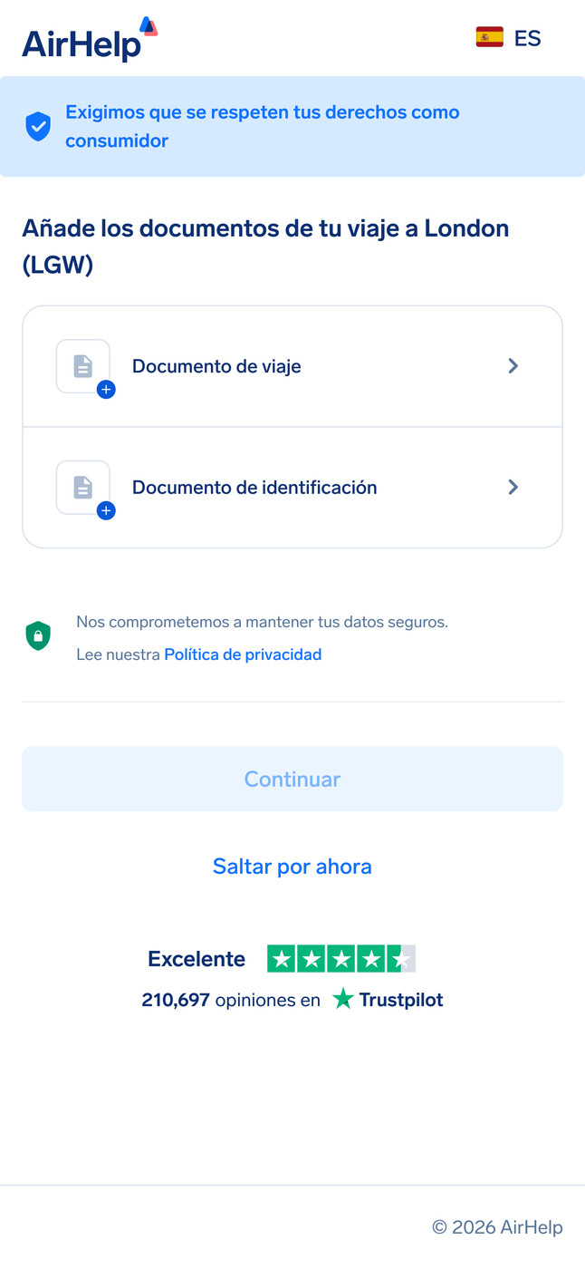Sección de carga de documentos de viaje e identidad con un icono de seguridad de datos.