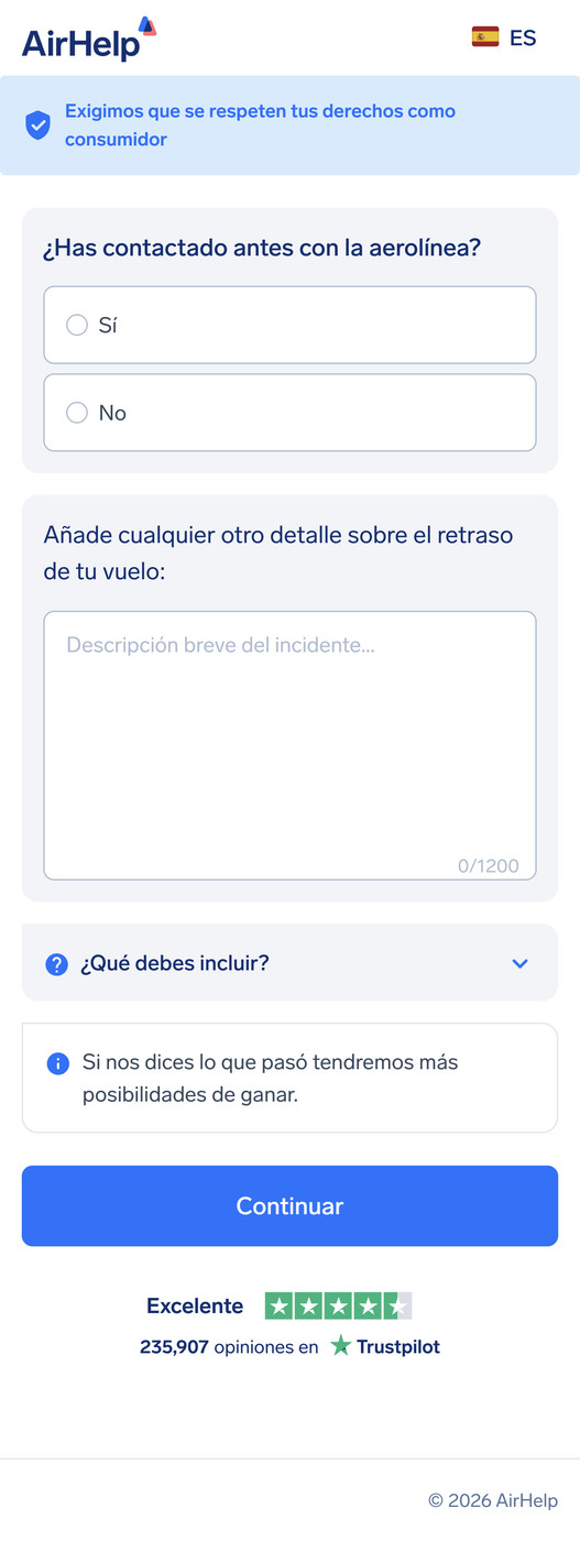 Formulario de detalles adicionales del vuelo con un área de texto para la descripción del incidente y el estado del contacto con la aerolínea.