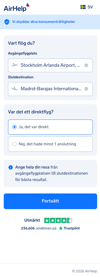 AirHelps ansökningsformulär som visar val av avgångsflygplats och slutdestination med alternativ för direktflyg.