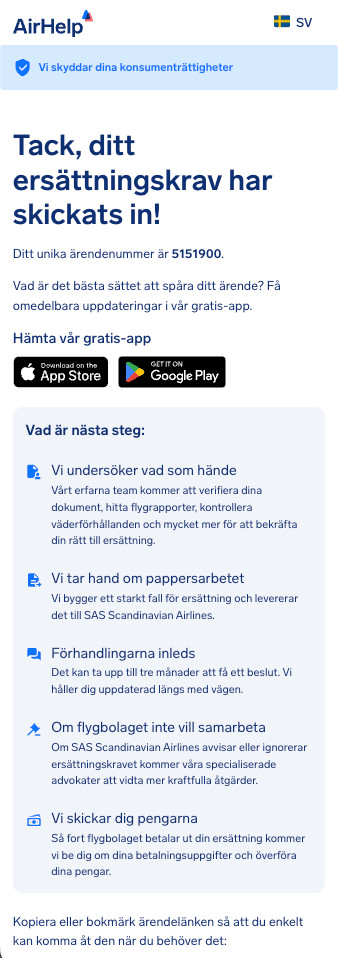 Bekräftelsesida för inskickat krav som visar ett unikt ärendenummer och länkar till AirHelp-appen.