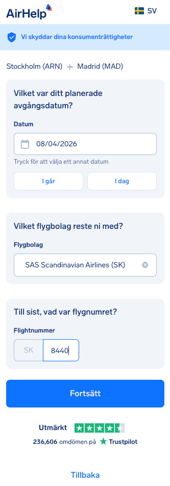Steget för flyguppgifter: fält för schemalagt avgångsdatum, flygbolagets namn och flightnummer.
