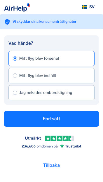 Val av typ av flygstörning: alternativ för försenat flyg, inställt flyg eller nekad ombordstigning.