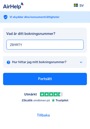 Inmatningsfält för bokningsreferens med en rullgardinsmeny för hjälp att hitta koden.