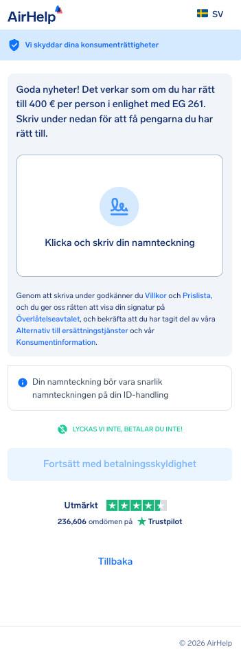 Digital signaturruta för AirHelps överlåtelseavtal för att auktorisera kravet.