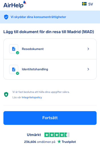 Sektion för uppladdning av resehandlingar och legitimation med en ikon för datasäkerhet.