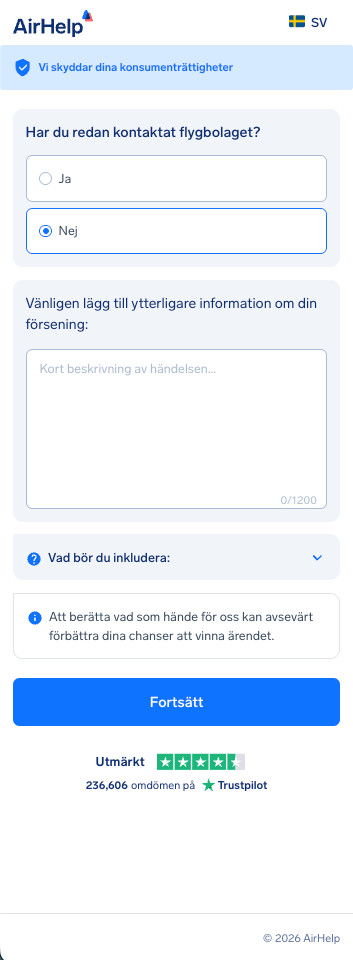 Formulär för ytterligare flyguppgifter med ett textfält för beskrivning av händelsen och status för kontakt med flygbolaget.