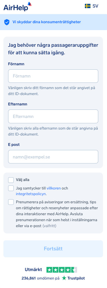 Formulär för passagerarinformation med fält för förnamn, efternamn och e-postadress.